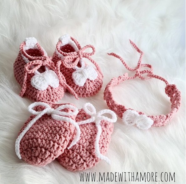 Handgemachtes Baby-Set | Schuhe, Fäustlinge & Stirnband (0–6 Monate)